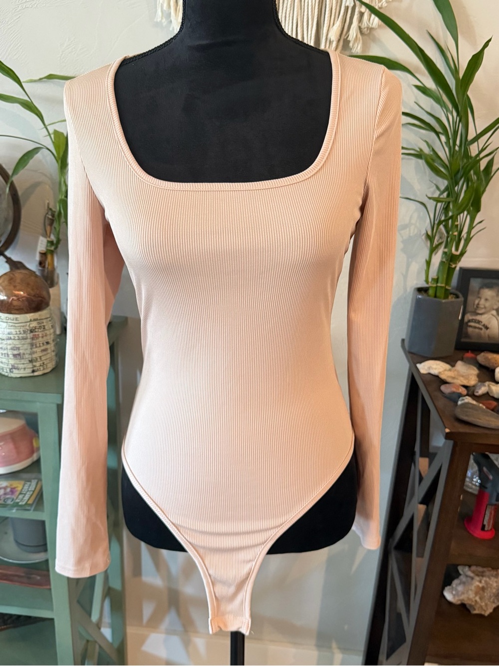 SHEIN Beige Ribbed Long Sleeve Square Neck Bodysuit